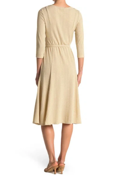 Nina Leonard Three-quarter Sleeve A-line Metallic Ribbed Midi Dress In Brown