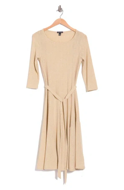 Nina Leonard Three-quarter Sleeve A-line Metallic Ribbed Midi Dress In Brown