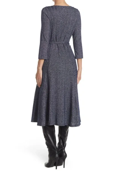 Nina Leonard Three-quarter Sleeve A-line Metallic Ribbed Midi Dress In Gray