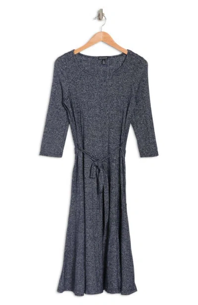 Nina Leonard Three-quarter Sleeve A-line Metallic Ribbed Midi Dress In Gray