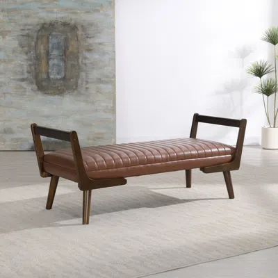 Streamdale Furniture Streamdale 52" Mid Century Walnut Bench With Channeled Upholstered Footrest Stool In Brown