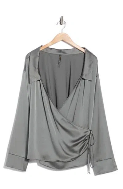 Renee C Faux Wrap Satin Top In Green