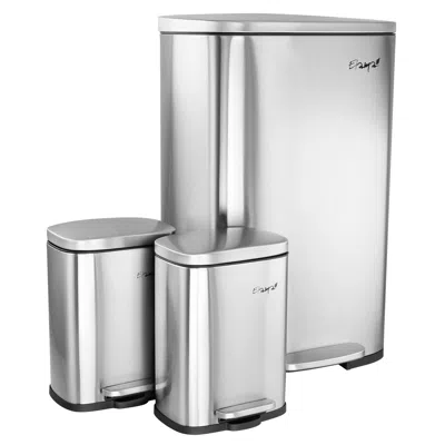 Elama 3 Piece 13 Gallon And 1.3 Gallon Stainless Steel Step Trash Bin Combo Set With Slow Close Mechanism In Silver