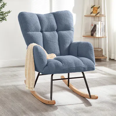 Streamdale Furniture Streamdale Light Blue Teddy Fabric Glider Rocking Chair With Metal Frame In Blue