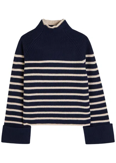 Rag & Bone Stripe Wool Cuff Sleeve Funnel Neck Sweater In Blue