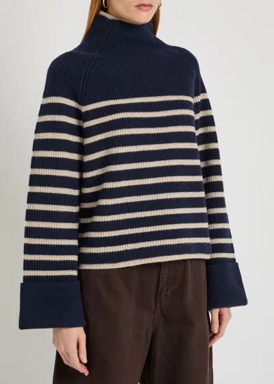 Rag & Bone Stripe Wool Cuff Sleeve Funnel Neck Sweater In Blue