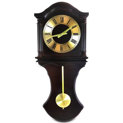 Bedford Clock Collection 27.5 Inch Wall Clock With Pendulum And Chimes In Chocolate Brown Oak Finish In Brown