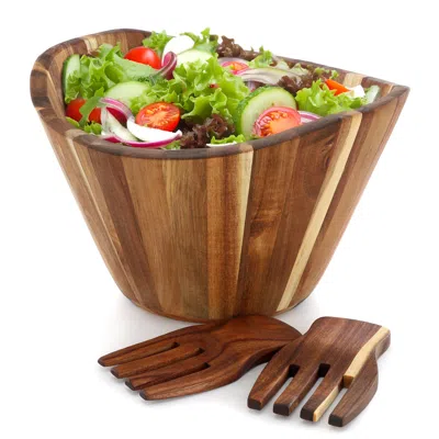 Megachef Large Acacia Wood Salad Bowl With Serving Utensils In Brown