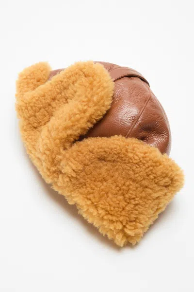 Acne Studios Leather Shearling Hat In Brown