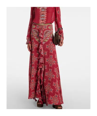 Etro Printed Ruffle Front Maxi Skirt In Red