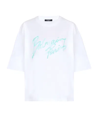 Balmain Paris Logo Bulky Graphic Crewneck Tshirt In White