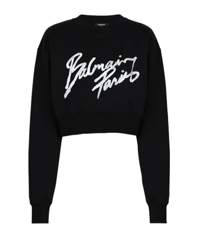 Balmain Cropped Printed Cotton Sweatshirt In Black