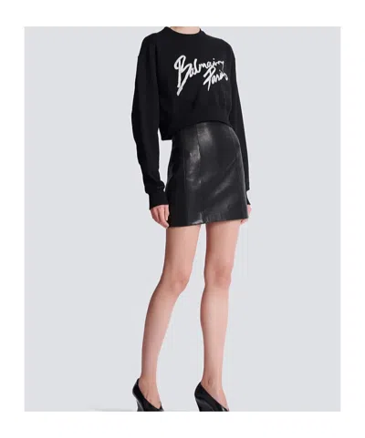 Balmain Cropped Printed Cotton Sweatshirt In Black