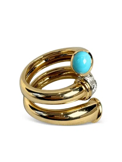 David Webb 18k Yellow Gold And Platinum Turquoise And Diamond Ring In Gold