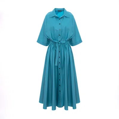 Concept A Trois Women's Green Turquoise Midi Shirt Dress With Buttons And Pockets In Blue