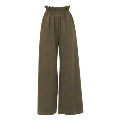 Julia Allert Women's Green Suede Wide-leg Pants With Ruffled Waist - Khaki In Green