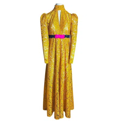 Couture To Your Door Women's Gold / Pink Gold Gothic Lace Sheer Maxi Dress In Yellow