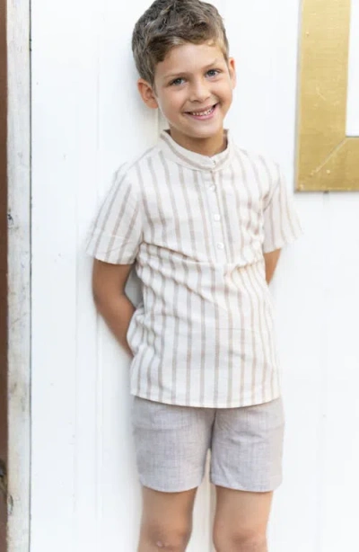 Maniere Manière Stripe Band Collar Popover Shirt In Neutral