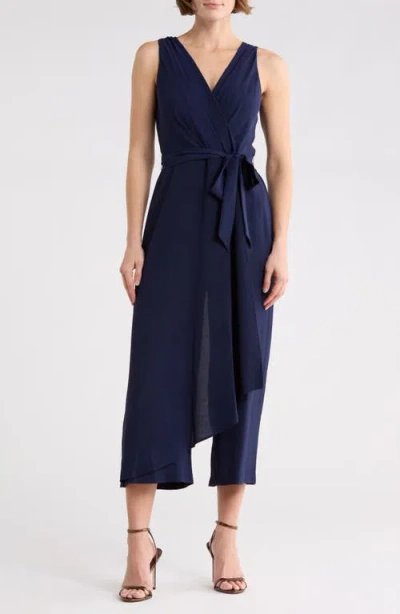 Connected Apparel Wrap Jumpsuit In Blue