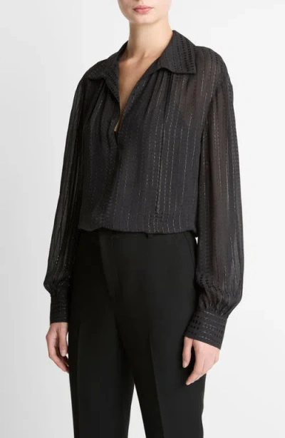 Vince Metallic Stripe Long Sleeve Top In Gray