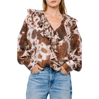 Ciebon Sienna Animal Print Ruffle Top In Brown