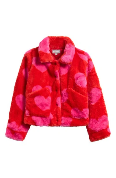 Tractr Kids' Heart Print Faux Fur Jacket In Pink
