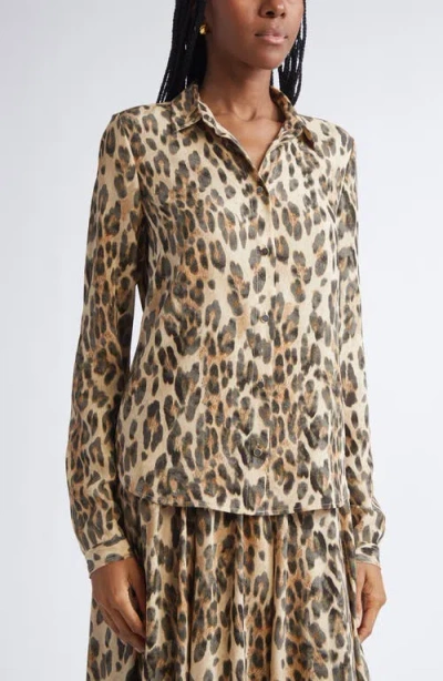St John St. John Leopard Print Silk Georgette Button-up Shirt In Brown