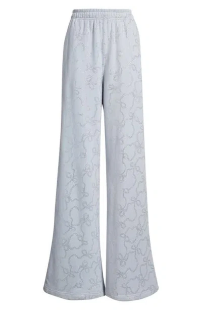 Loveshackfancy Momo Crystal Bow Wide Leg Sweatpants In Blue