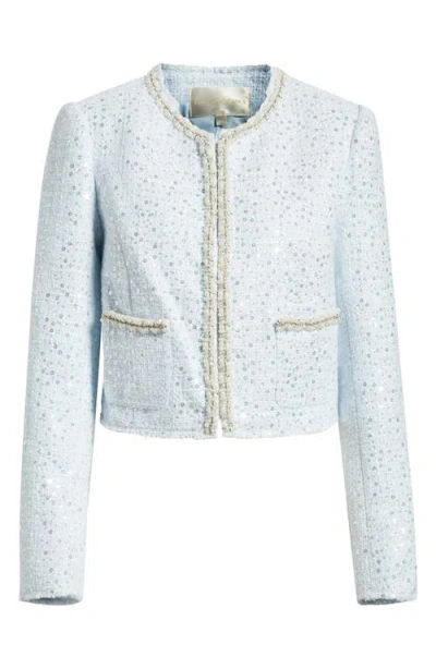 Loveshackfancy Kelli Sequin Embellished Tweed Crop Jacket In Blue