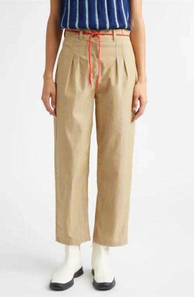 Kúr Shoelace Stripe Pleated Organic Cotton Straight Leg Pants In Brown