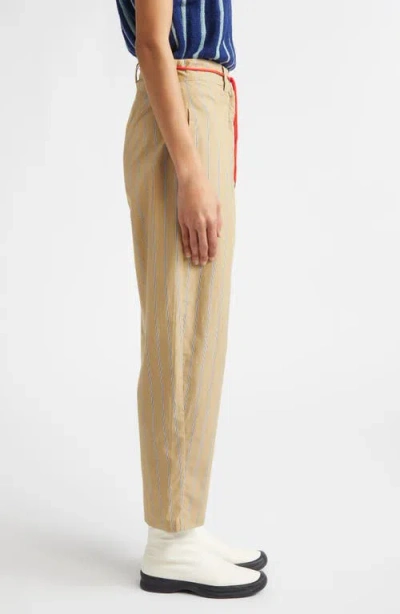 Kúr Shoelace Stripe Pleated Organic Cotton Straight Leg Pants In Brown