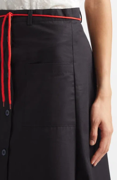 Kúr Shoelace Patch Pocket Cotton A-line Midi Skirt In Black