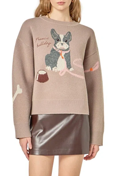 English Factory Embroidered French Bulldog Intarsia Sweater In Brown