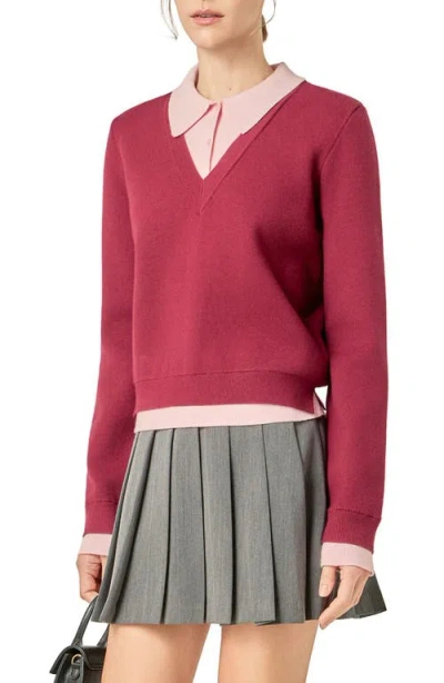 English Factory Layered Collar V-neck Sweater In Red