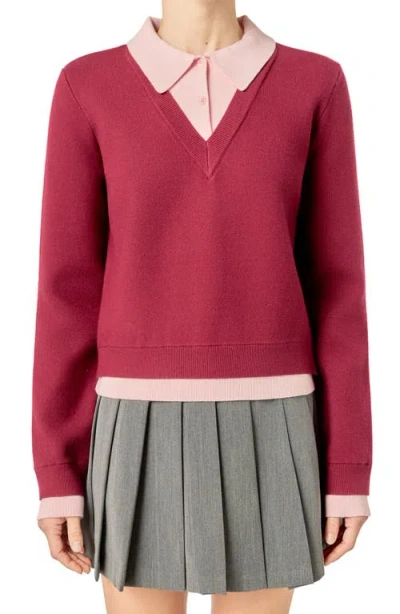 English Factory Layered Collar V-neck Sweater In Red