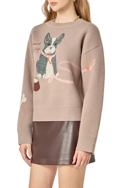 English Factory Embroidered French Bulldog Intarsia Sweater In Brown