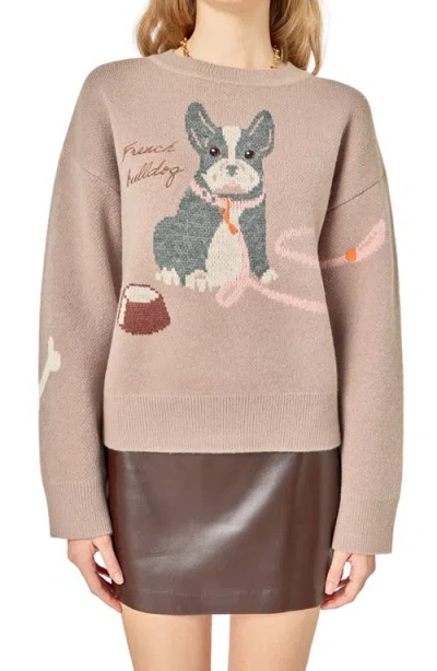 English Factory Embroidered French Bulldog Intarsia Sweater In Brown