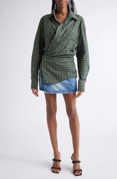 Alexander Wang Long Sleeve Check & Denim Wrap Dress In Green