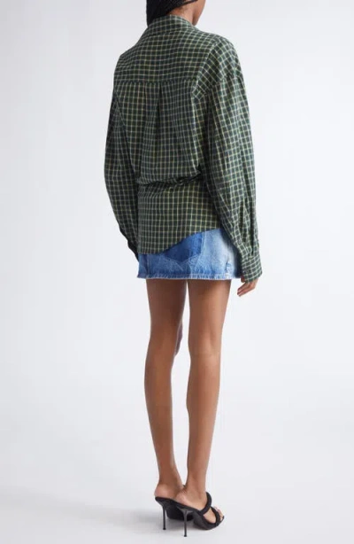 Alexander Wang Long Sleeve Check & Denim Wrap Dress In Green
