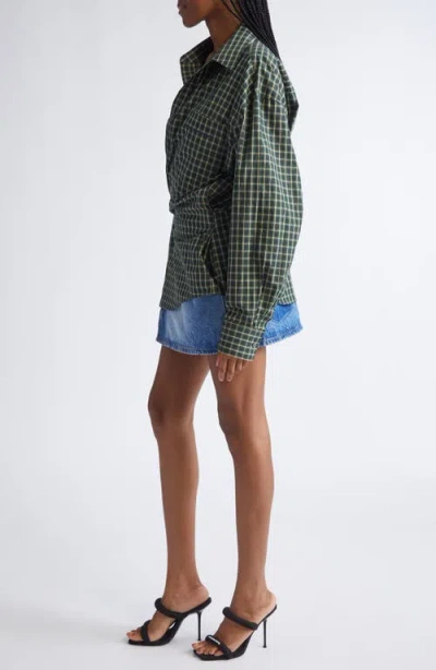 Alexander Wang Long Sleeve Check & Denim Wrap Dress In Green