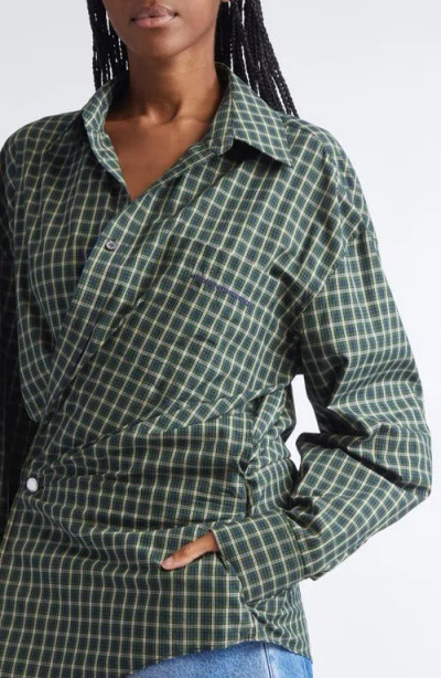 Alexander Wang Long Sleeve Check & Denim Wrap Dress In Green