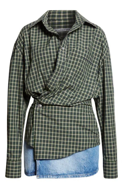 Alexander Wang Long Sleeve Check & Denim Wrap Dress In Green