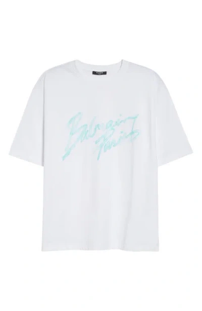 Balmain Paris Logo Bulky Graphic Crewneck Tshirt In White