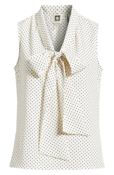 Anne Klein Polka Dot Bow Neck Blouse In White