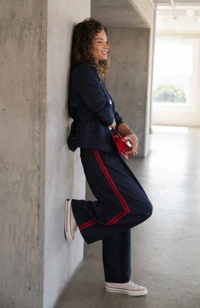 Liverpool Los Angeles Pinstripe & Side Stripe Pleated Drawstring Pants In Black