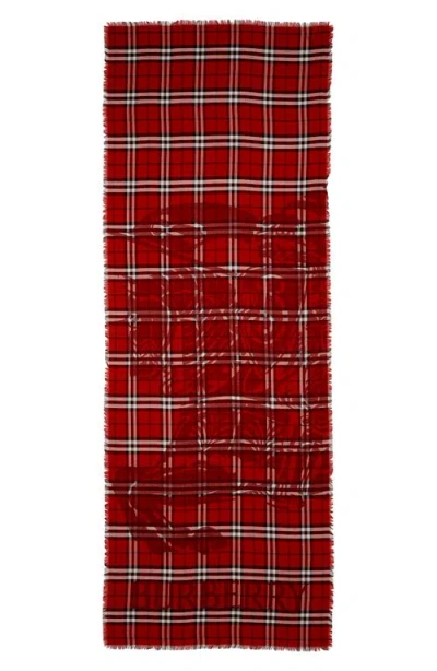 Burberry Wide Ekd Check Wool & Silk Fringe Scarf In Red