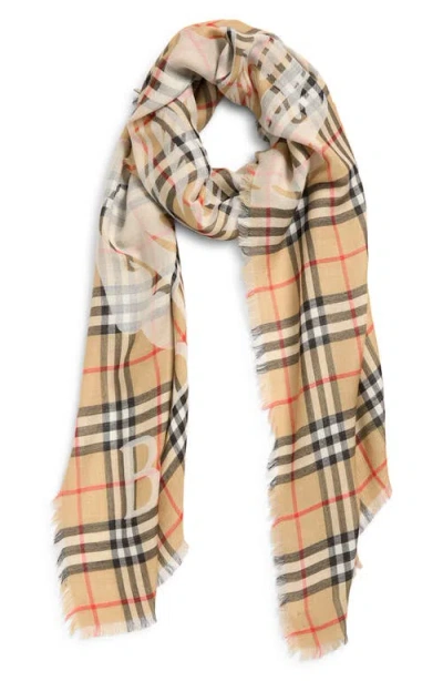 Burberry Wide Ekd Check Wool & Silk Fringe Scarf In Brown