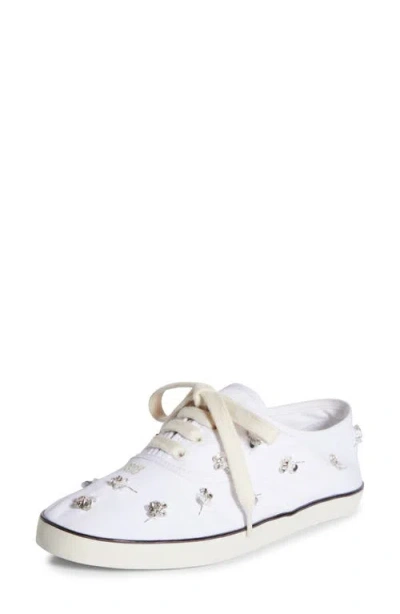 Miu Miu Crystal Embellished Low Top Canvas Sneaker In White