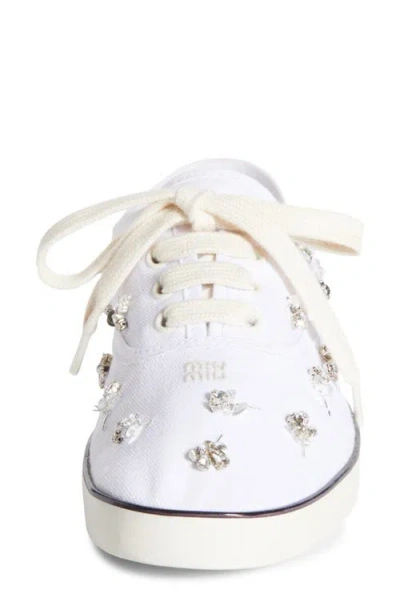 Miu Miu Crystal Embellished Low Top Canvas Sneaker In White