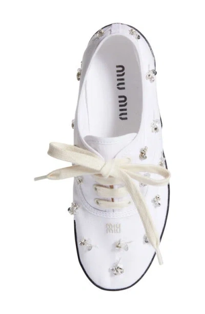 Miu Miu Crystal Embellished Low Top Canvas Sneaker In White